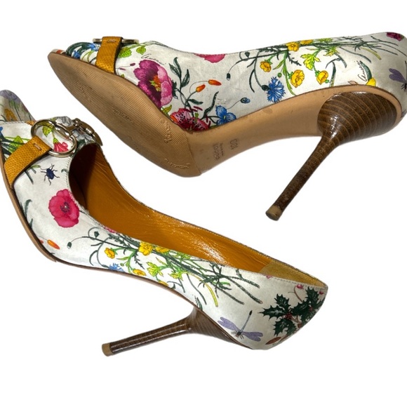 Gucci Satin Horsebit Pumps US 10 White Floral Peep Toe High Heels Buckles - Picture 10 of 12